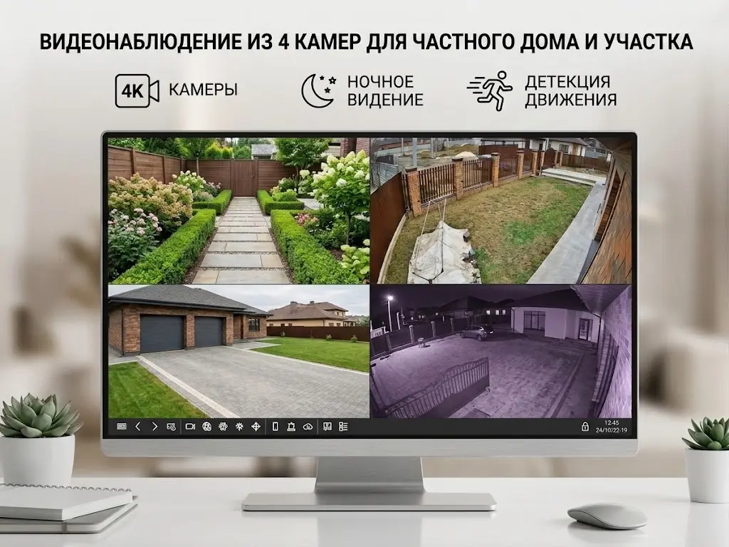 Готовый комплект: Видеонаблюдение из 4 камер для частного дома и участка
